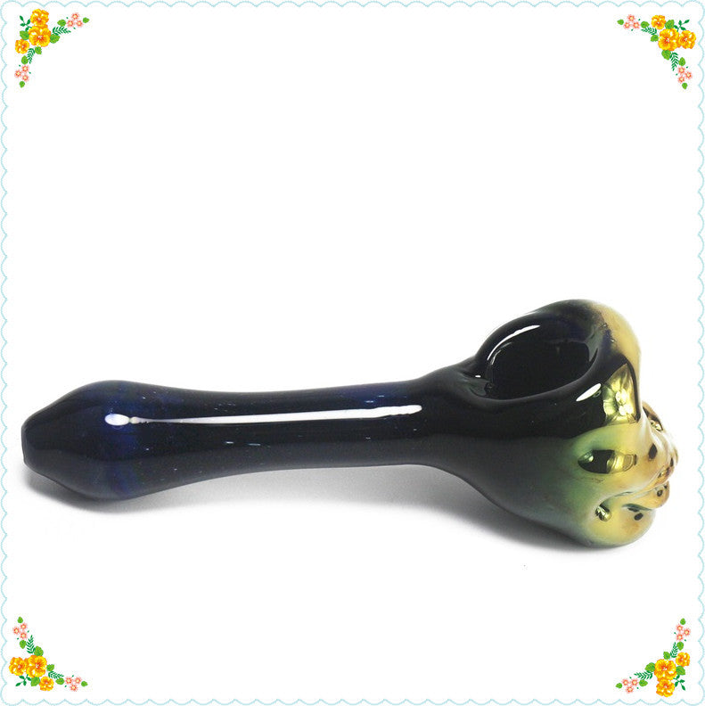 Yellow Skull And Black Long Body Glass Pipe